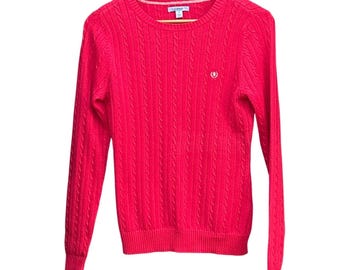 Y2K IZOD Kabelstickad Tröja Preppy Barbiecore Hot Pink Rund Hals Bomull S