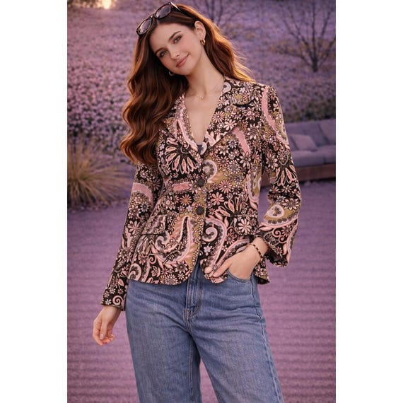 Vintage 70s Y2K My Michelle Corduroy Blazer Psychedelic Floral Retro 70s Style View 6