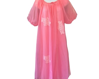 Vintage Lisette Peignoir Chiffon Lace Robe Coquette Barbiecore  Puff Sleeve 34