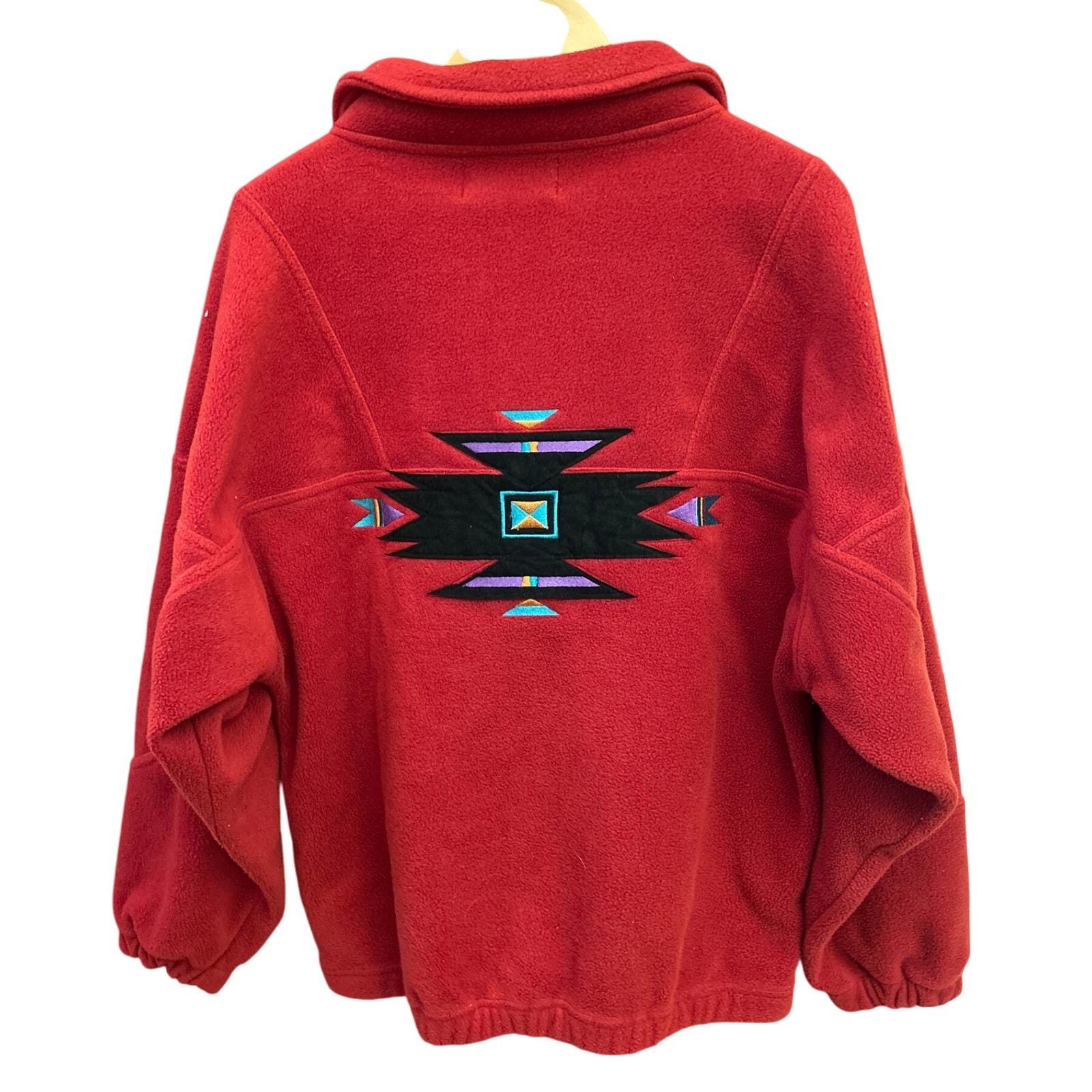 Vintage 90s SDI Red Fleece Jacket Southwest Aztec Geometric Made