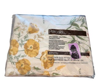 Vintage JCPenney hoeslaken voor eenpersoonsbed met bloemenprint, cottagecore, grandmacore, retro jaren 70