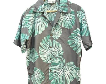 Vintage Makani Hawaii Aloha Shirt Monstera Leaf Tropical Botanical Camp Collar