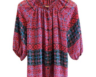 Aqua Women's Red Blue Geometric Print Smocked Neckline Large 3/4 Sleeves Sheer