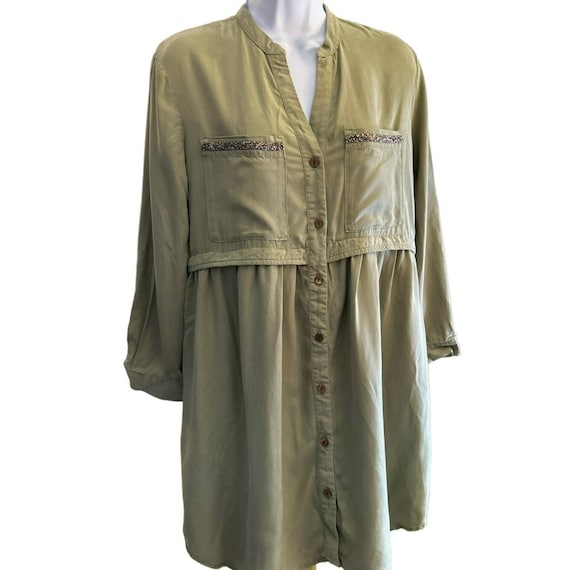 Zara Women's Army Green Tencel Denim Dress Size XS Beaded Accent