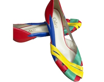 Vintage 80s 90s Calico Colorblock Heels Retro Primary Colors Maximalist Pop Art