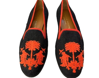 Vintage Stubbs and Wootton Black Embroidered Flats Size 5 1/2 Red Like New