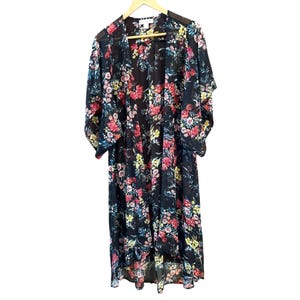 Band of Gypsies Bright Floral Sheer Maxi Duster Cardigan Small Beach Cover Up
