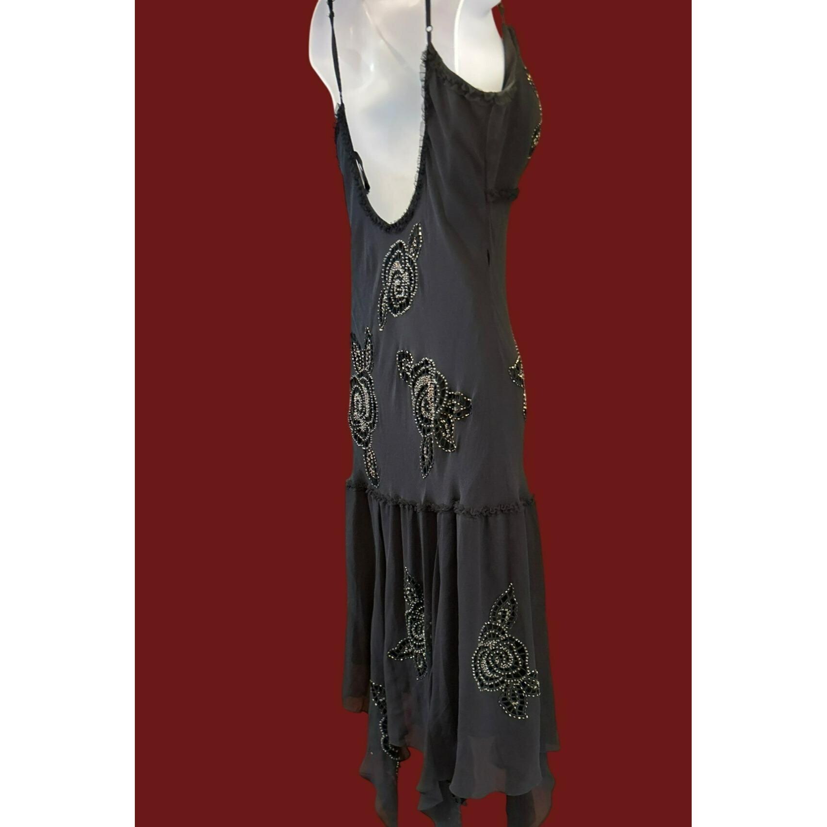 Y2K Vintage Sue Wong Black Floral Beaded 100% Silk Dress Size 12 Whimsigoth