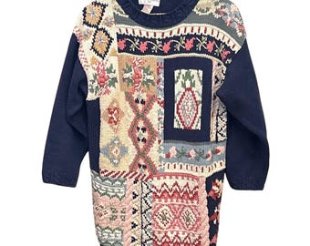 Vintage 90s Casual Corner Patchwork Sweater Cottagecore Grandma Core Academic