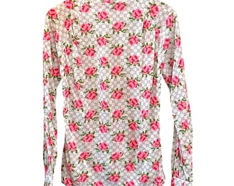 Top vintage de manga larga de los 80 con estampado floral pixelado, estilo retro romántico de abuela.