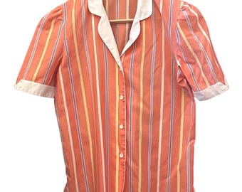 Vintage gestreepte blouse retro mod preppy peter pan kraag pofmouw Coastal chic