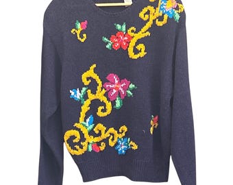 90-tals Liz Claiborne-tröja Grandmacore Cottagecore blommig siden bomull marinblå L