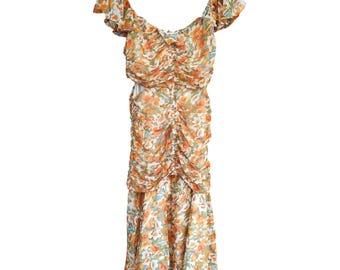 ASTR The Label Orange Floral Ruched Midi Milkmaid Dress Ruffle Sleeves Sz M NWT