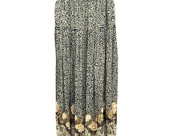 Gonna lunga Carole anni '90 con bordo floreale, stile boho e rayon garza, taglia 10