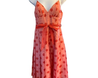 Kay Unger New York Women&#39;s Pink Red Polka Dot Cocktail Dress Size 4 Chiffon Pleated