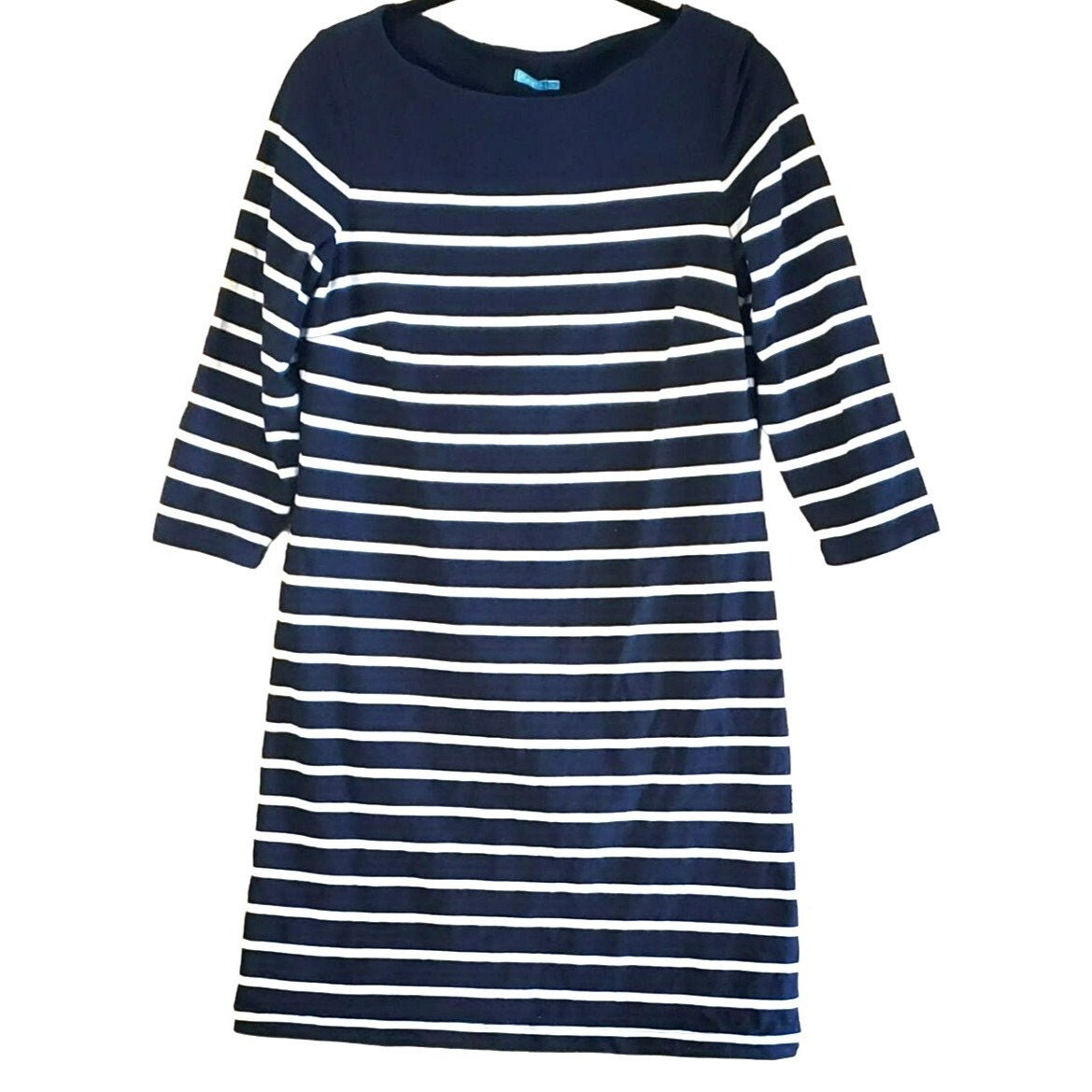 knee length dresses for ladies Women's in Perfect Order Blue Stripe Button Front Ruffle Collar Midi Shirt Dress | Size: S