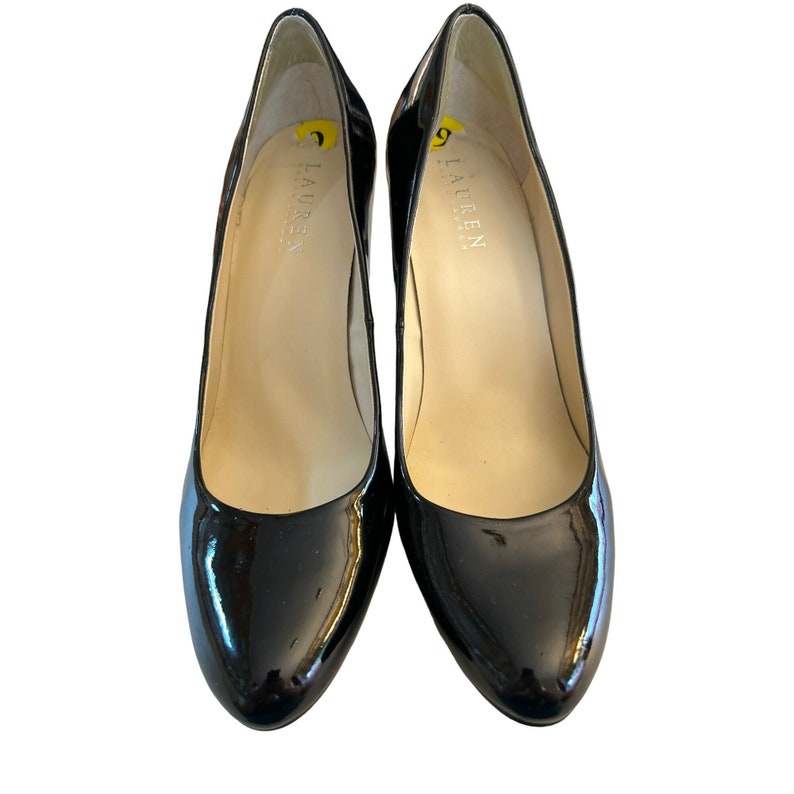 RALPH LAUREN Size 9.5 Black Leather Patent Leather Stiletto Celia Pumps