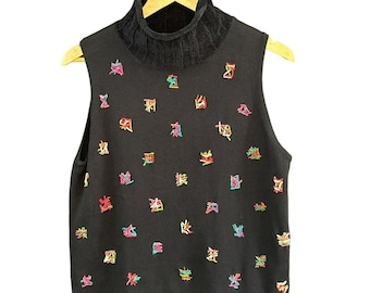Vintage Susan Bristol XL Schwarz Ärmellose Pullover Weste Multicolor Stickerei