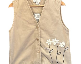 90s Christopher & Banks Cotton Vest Cottagecore Grandma Core Khaki Tan Floral S
