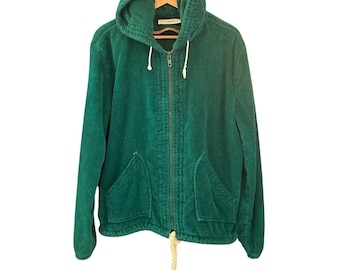 Sudadera con capucha y cremallera de felpa vintage T.J. Lawford, color verde esmeralda, estilo retro playero/surfero.
