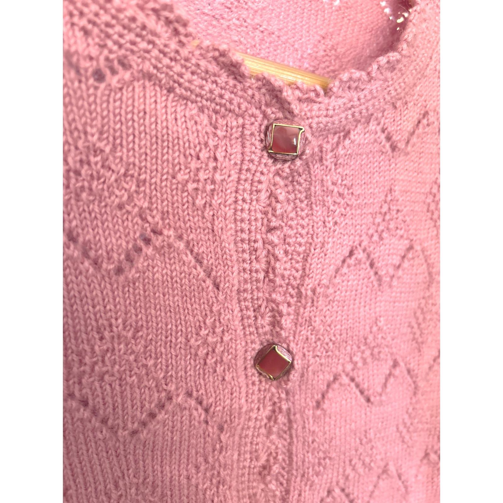 Vintage Pink Pointelle Knit Cardigan Scalloped Button Front