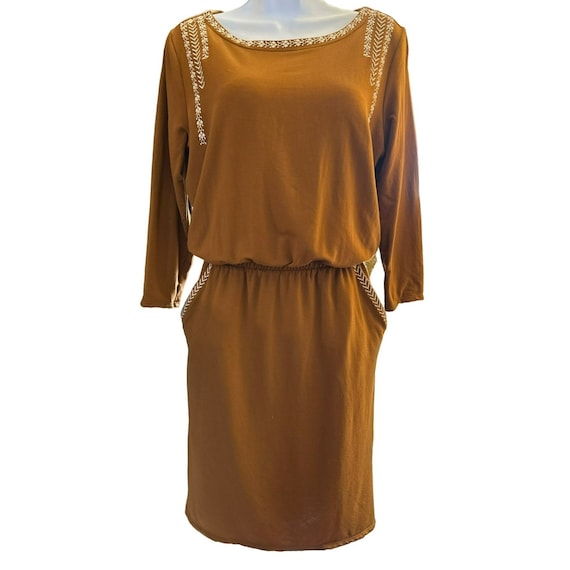 Garnet Hill Women's Brown White Embroidered Pocket-Detail Knit Dress Size Small French Terry Garnet Hill Women's Brown White Embroidered Pocket-Detail Knit Dress Size Small French Terry