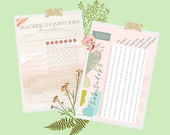 Peut inclure: Deux trackers d'habitudes imprimables avec des illustrations florales. Le premier tracker est un tracker d'habitudes quotidien avec un fond aquarelle rose et le texte "TRACKER D'HABITUDES Journalier". Le deuxième tracker est un tracker d'habitudes mensuel avec un fond rose et le texte "TRACKER D'HABITUDES MENSUEL".