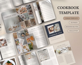 May include: A cookbook template with a modern neutral design. The cover features a blue background with a photo of food on a plate. The template is available in A4 and Letter sizes and includes 55 pages.