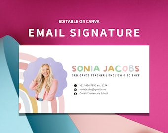 E-postsignatur för lärare, redigerbar Canva-mall, Gmail Outlook-signatur för småföretag, förskola, grundskola, mellanstadium