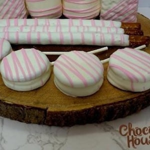 Baby girl Baby shower treats bundle. White and pink drizzle. Baby girl chocolate covered treats. 36 pcs