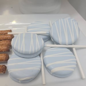 Baby shower treats bundle. Baby boy, Light blue/ white drizzle chocolate  oreos pretzel rice krispie 36 pcs