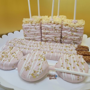 Pink and gold Baby shower baby girl chocolate covered treats. oreos rice krispie  pretzel 36 pcs