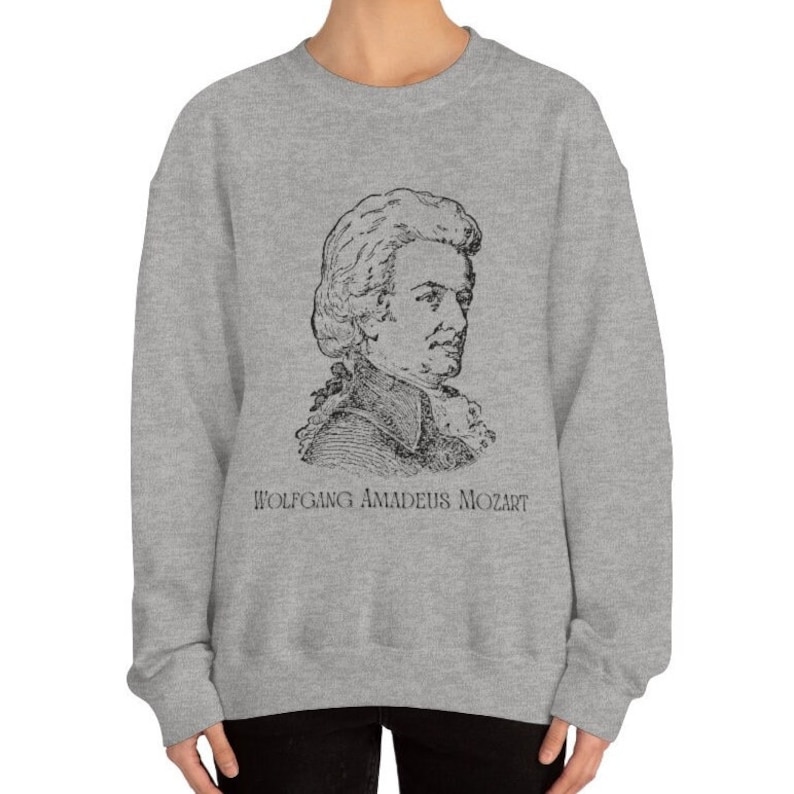 May include: A gray sweatshirt with a black and white illustration of Wolfgang Amadeus Mozart on the front. The text "Wolfgang Amadeus Mozart" is printed below the illustration.
