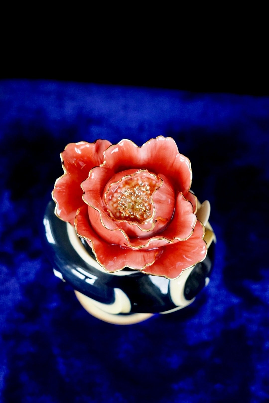 Franz Porcelain Striking Vermillion Peony Flower Design Sculptured