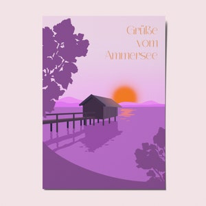 Ammersee Postkarte für Retro Vintage Design Bayern Berge Urlaub Grüße Pink See Sommer Karte Wall Art