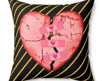 Bandages Repair Broken Glass Heart Spun Polyester Square Pillow  Healing Love Heals Comfort Caring Broken Heart Valentine Compassion Grief