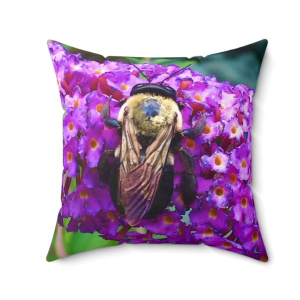 Bumble Bee Faux Suede Square Pillow Bumble Bee Insect Pollinator Nature Cottage Core Botanical Flowers Butterfly Bush Photo Unique Pillow