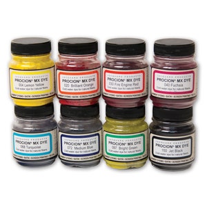 May include: A collection of eight glass jars of Procion MX dye in various colors, including yellow, orange, red, fuchsia, turquoise, medium blue, bright green, and jet black. Each jar has a black lid and a label with the dye color and name.