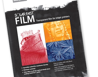 May include: A package of Jacquard SolarFast Film for inkjet printers. The package features a red image of a boat, an orange image of a person, and a blue image of leaves. The package is 8.5" x 11" (216mm x 279mm) and includes 8 sheets.