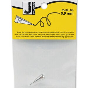 May include: A silver metal tip for fine line detailing, packaged in a clear plastic bag. The packaging includes the Jacquard logo and text indicating the tip is 0.9 mm. The tip is designed for use with paints, inks, glues, and other art materials.