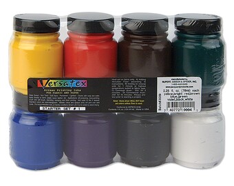 May include: A set of eight Versatex screen printing inks for fabric and paper. The colors include yellow, bright red, brown, blue, green, violet, black, and white. Each jar contains 2.25 fl oz (70ml).