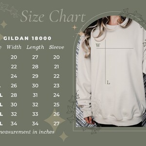 Puede incluir: Tabla de tallas para sudaderas Gildan 18000, que muestra las medidas en pulgadas para el ancho, la longitud y la longitud de la manga para las tallas S a 5XL.