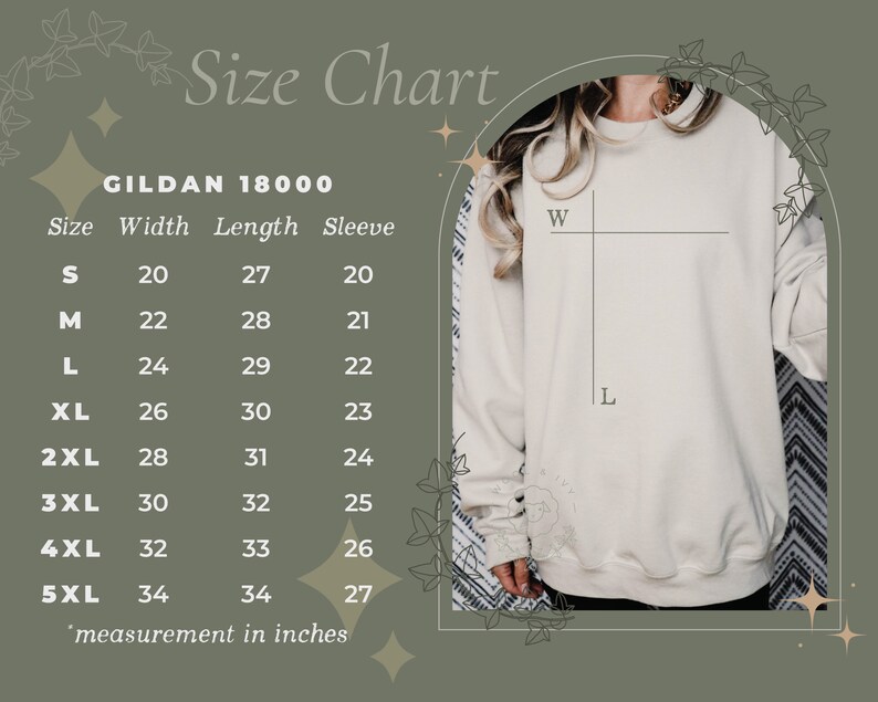 Puede incluir: Tabla de tallas para sudaderas Gildan 18000, que muestra las medidas en pulgadas para el ancho, la longitud y la longitud de la manga para las tallas S a 5XL.