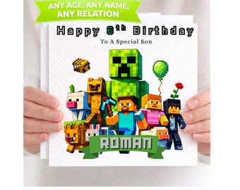 Personalised Gaming Birthday Card for Boys | Block Building Game Style Card | Custom Name & Age, Relation Gamer Card | Kids Birthday Card