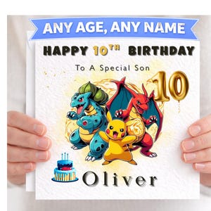 May include: A birthday card with the text "ANY AGE, ANY NAME" and "HAPPY 10TH BIRTHDAY To A Special Son". The card features cartoon characters, a gold balloon "10", a cake, and the name "Oliver".