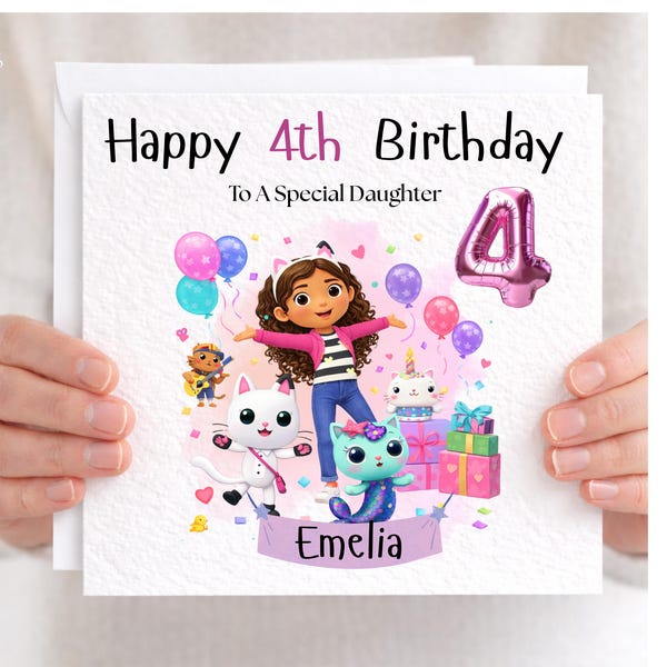 Personalised Girl and Cat Birthday Card – Watercolour Style any age any name, dollshouse