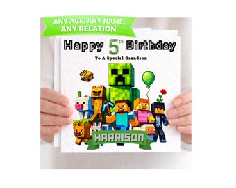 Personalised Gaming Birthday Card for Boys | Block Building Game Style Card | Custom Name & Age, Relation Gamer Card | Kids Birthday Card