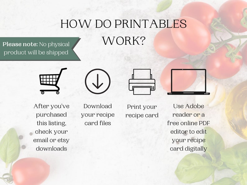 Printable Recipe Card, Meal Planner, Ingredient Preparation, Cooking