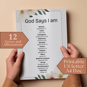 May include: A printable US letter and A4 document with the text "God Says I am" and a list of affirmations and Bible verses. The document has floral accents and the words "12 Verses and Affirmations".