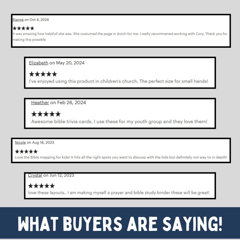 Peut inclure: Une capture d'&eacute;cran d'un site Web affichant des avis clients pour un produit. Tous les avis sont positifs et comportent des &eacute;valuations cinq &eacute;toiles. Le texte comprend les noms des &eacute;valuateurs, les dates des avis et le contenu des avis. Le texte "WHAT BUYERS ARE SAYING!" est affich&eacute; en gros caract&egrave;res gras au bas de l'image.